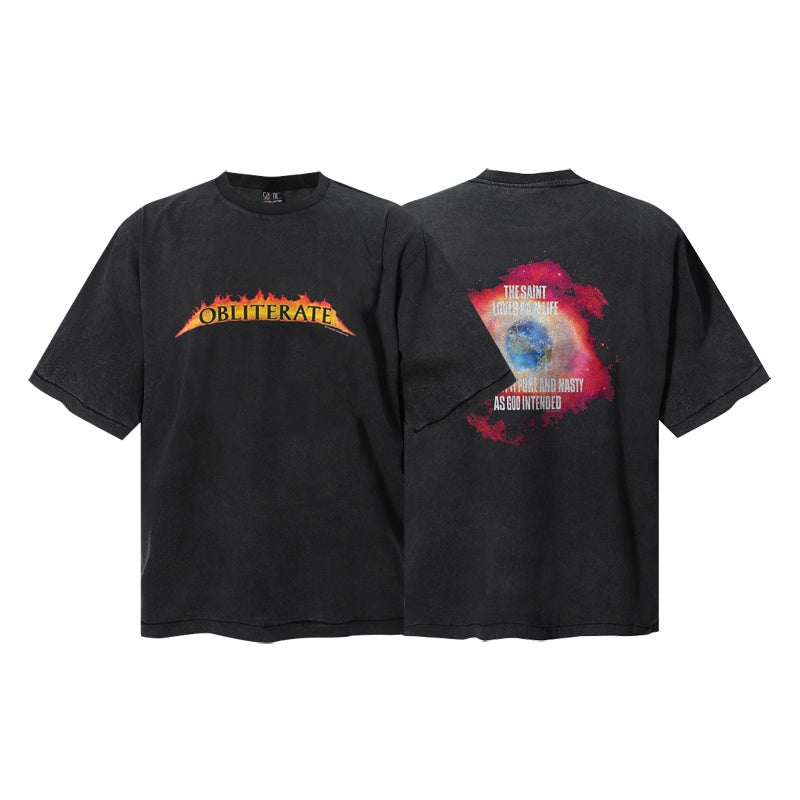Saint Michael T Shirts Red Pink Nebula Earth Graphic Distressed Streetwear Back Motif