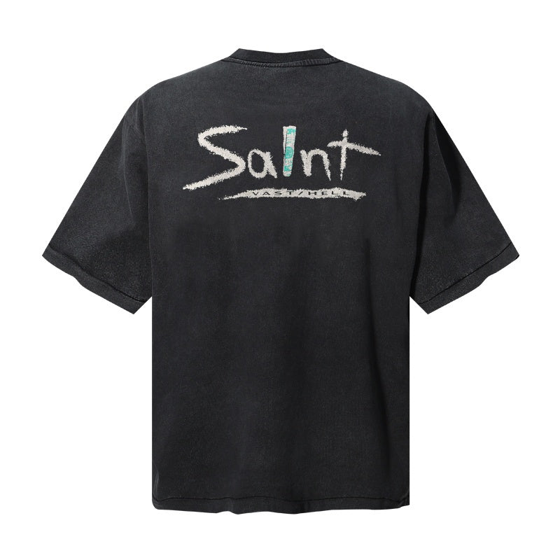 Saint Michael T Shirts Red Triangle With Cursive Salnt Front Print Design