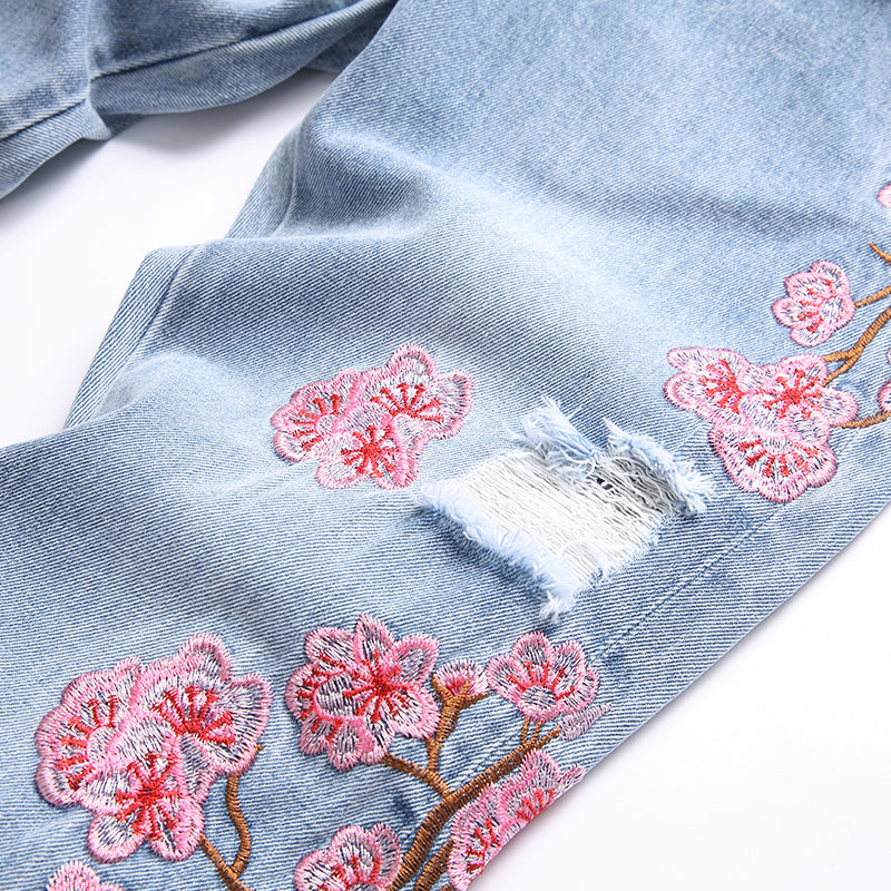 Mens Fashion Jeans Pink cherry blossom embroidered wide-leg pants 5711# Pure cotton high quality