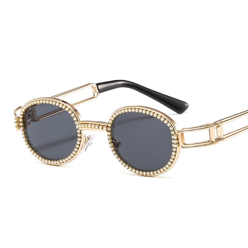Trendy punk glasses small oval pearl uv protection