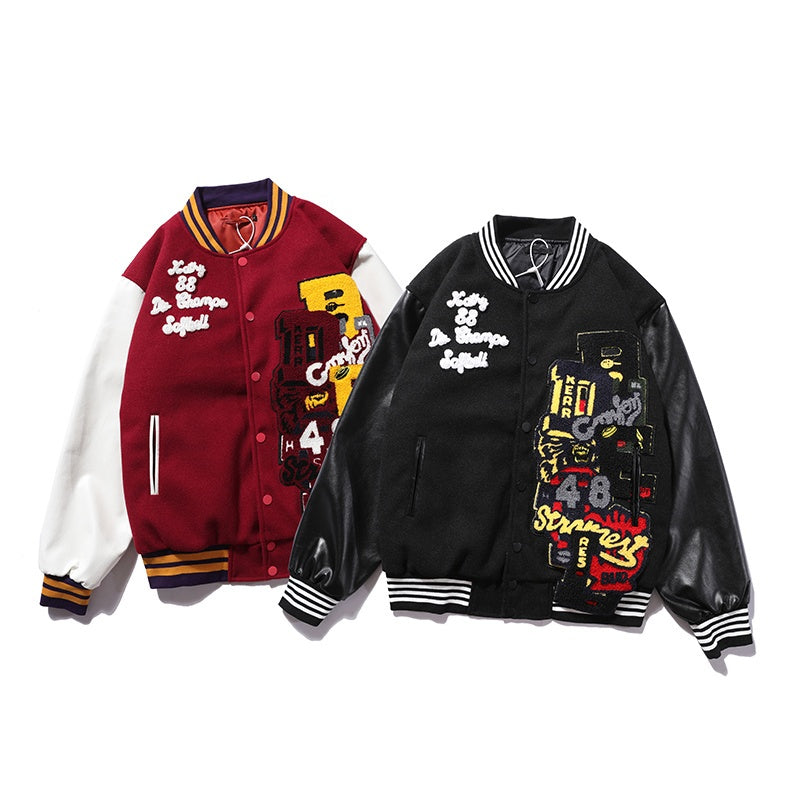 American-style baseball jacket TRAVIS SCOTT Men's Stand-Collar Padded Jacket (Wool-Blend Body with Leather Sleeves & Embroidery) â€?Unisex Style