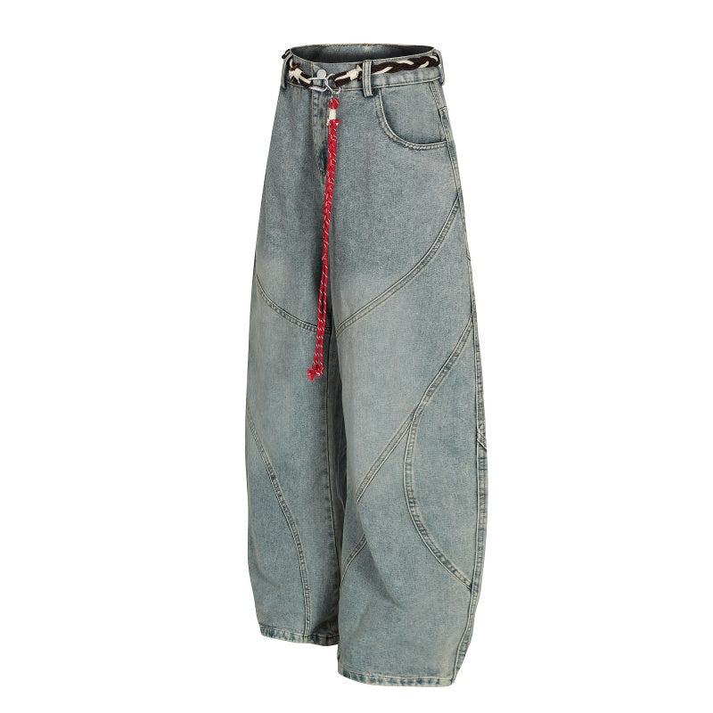 American-style streetwear harem pants Curved Panel Seam Aged Faded Finish