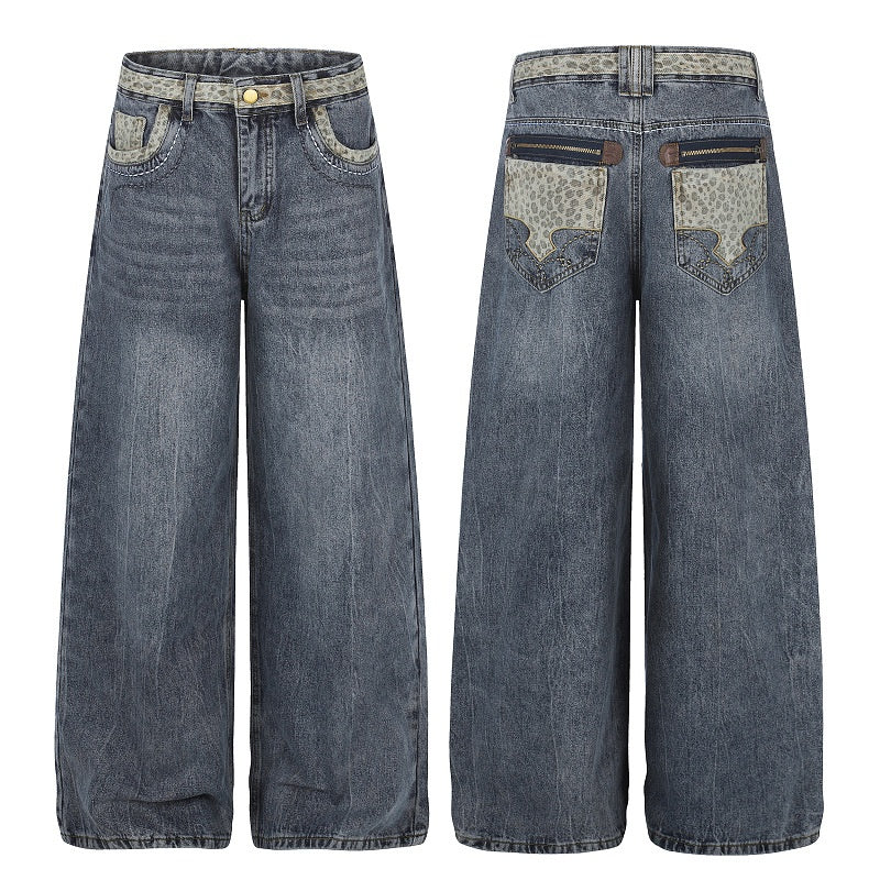 American-style streetwear harem pants Mixed Pattern Waistband Distressed Texture