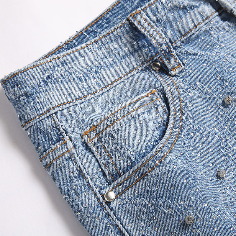Mens Fashion Jeans rhinestones Wide-leg pants 5722# Pure cotton high quality