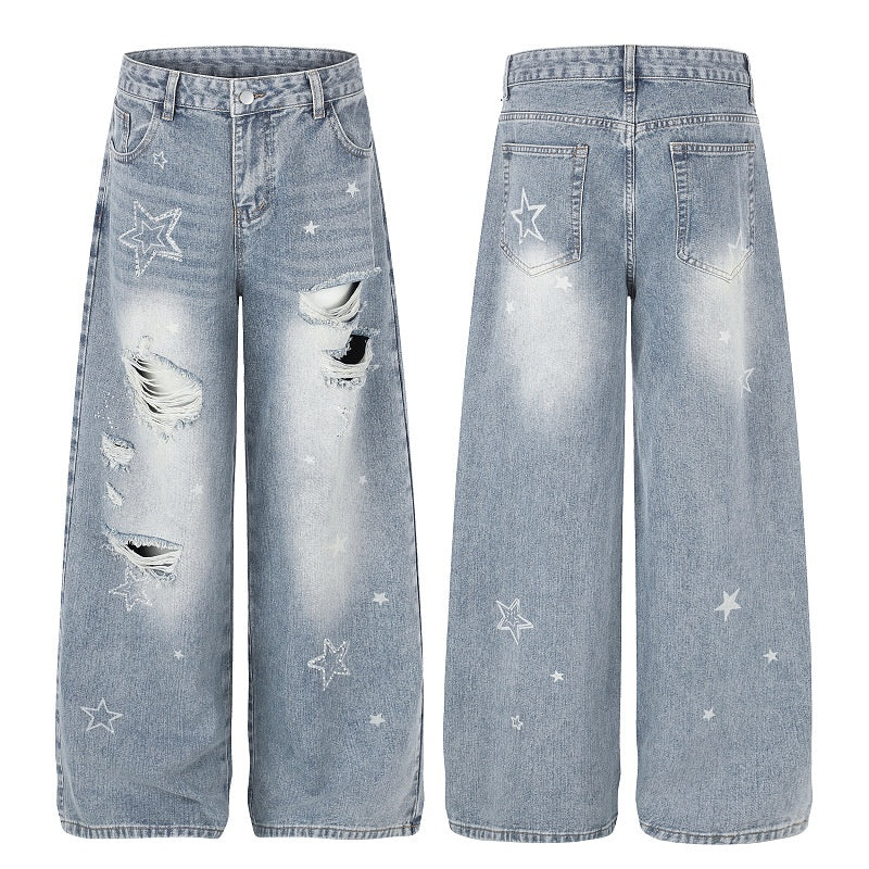 American-style streetwear harem pants Grunge Star Embroidery Denim Casual Wear