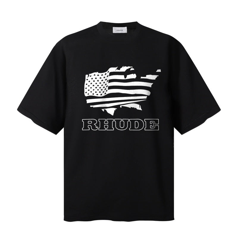 RHUDE T Shirts Vintage US Map Flag Graphic Print