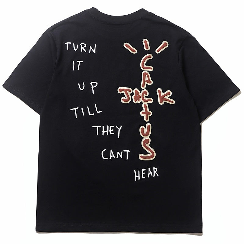 Mens T-shirt Vintage American-style Travis Scott abstract stick-figure letter puff print