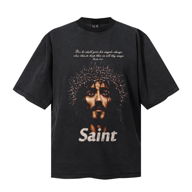 Saint Michael T Shirts Distressed Pigment Dyed Christ Head Saint Typography Streetwear Print