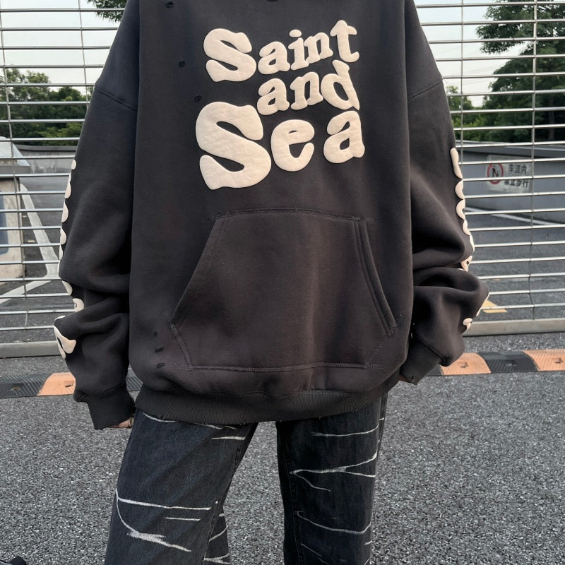 Unisex Vintage Hoodie Saint Michael Saint & Sea American Vintage-Style Hoodie with Puff-Print Graffiti Graphics