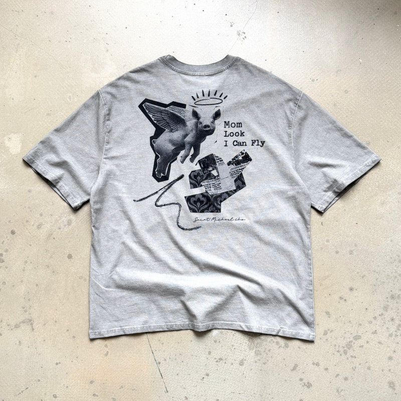 Unisex Vintage T Shirts SAINT MICHAEL x CHO Omnipotent Limited Edition â€?High-Street Short-Sleeve Tee featuring Direct-to-Garment (DTG) white ink printing, heavy-duty distressed wash finish, and a unique cement-grey colorway.