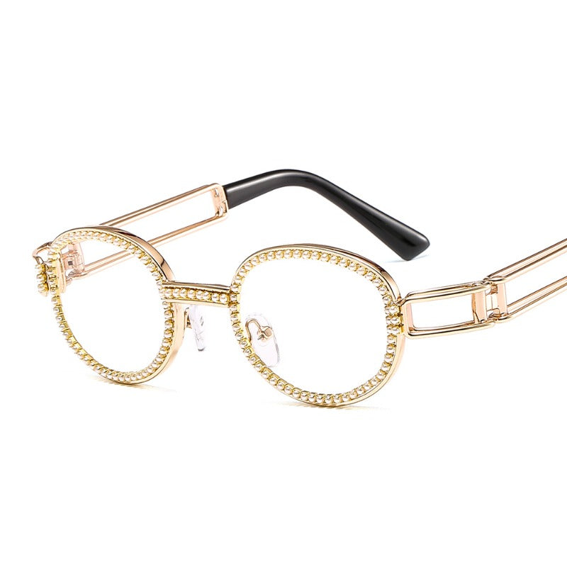 Trendy punk glasses small oval pearl uv protection