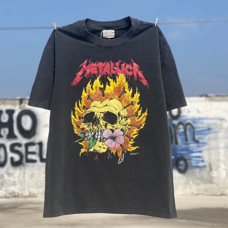 Unisex Vintage T Shirts Metallica Flower Skull â€?a limited-edition, one-of-a-kind (1-of-1) piece featuring a Fear of God-style graphic, printed on a heavyweight, vintage-washed base garment.