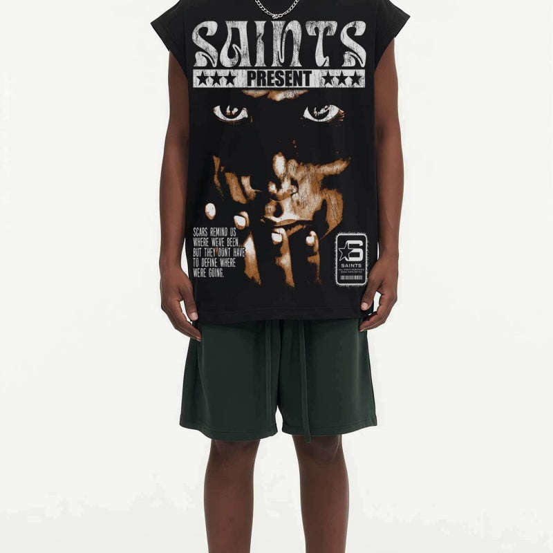 BIG FACE Drop-Shoulder Tank Top High-street vintage style featuring a small neckline, white-ink digital direct-to-garment (DTG) printing, and a heavy-duty, distressed wash finish; crafted from 260g double-yarn plain-knit fabric.