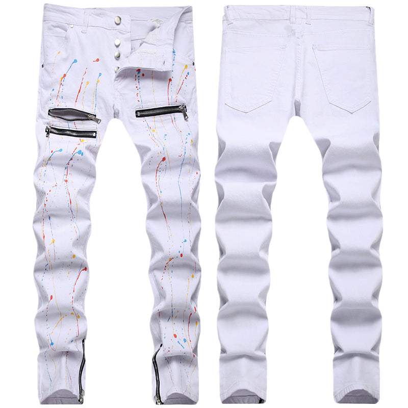 Mens Fashion Jeans Pants pocket zipper Color splatter ink 1168# Pure cotton high quality