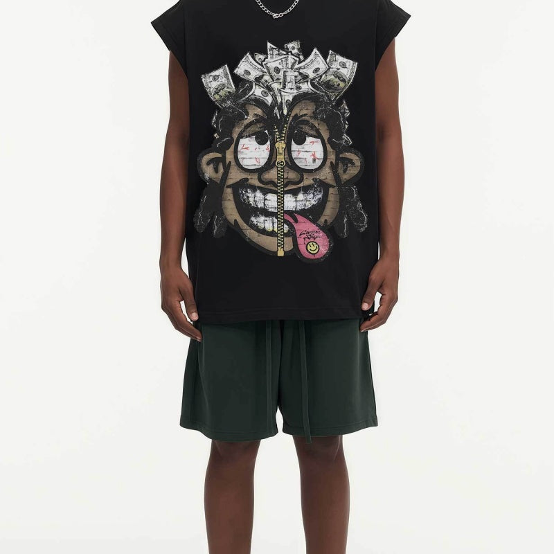 BIG FACE Drop-Shoulder Tank Top High-street vintage style featuring a small neckline, white-ink digital direct-to-garment (DTG) printing, and a heavy-duty, distressed wash finish; crafted from 260g double-yarn plain-knit fabric.