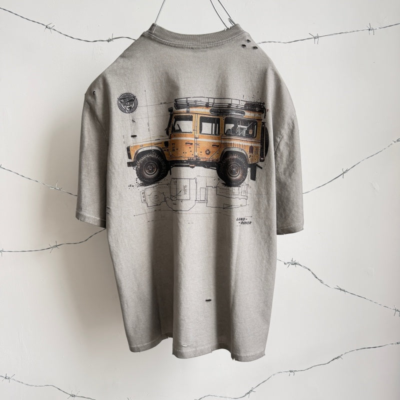 Unisex Vintage T Shirts Saint x Hot Wheels x Land Rover Defender three-way collaboration: featuring a lid-and-base style collar construction with single-needle stitching, a special enzyme-abrasion and vintage-wash finish, direct-to-garment white in