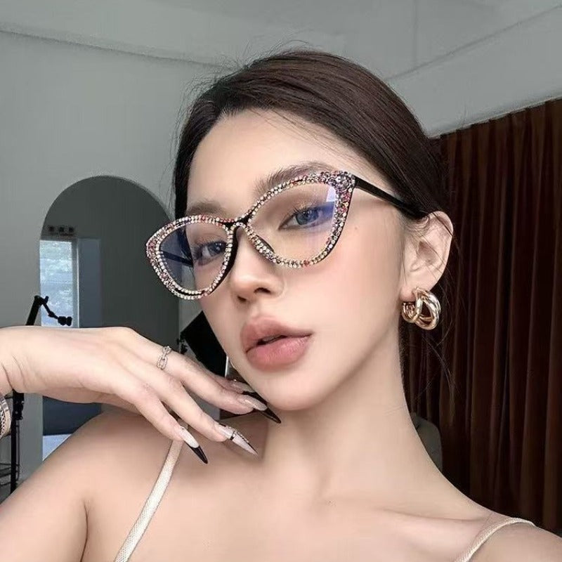 Trendy punk glasses full diamond retro cat eye anti-blue light
