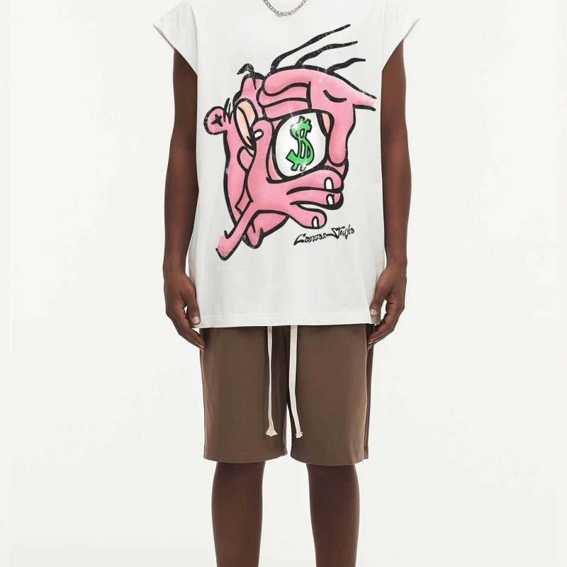 BIG FACE Drop-Shoulder Tank Top High-street vintage style featuring a small neckline, white-ink digital direct-to-garment (DTG) printing, and a heavy-duty, distressed wash finish; crafted from 260g double-yarn plain-knit fabric.