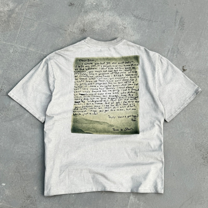 Unisex Vintage T Shirts Eminem Stan Letter Manuscript Limited Edition â€?Cement Grey T-Shirt featuring a special wash finish, custom heavyweight brushed fabric with a vintage feel, and direct-to-garment white ink printing.