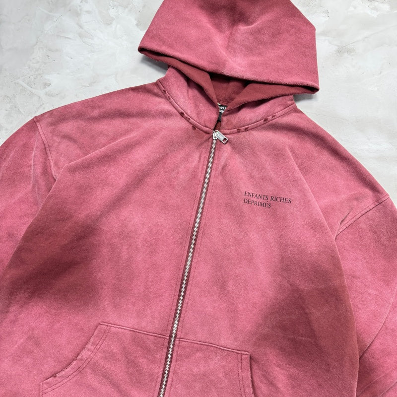 Unisex Vintage Hoodie Oversized, relaxed-fit layered jacket; natural washed-out, faded, and distressed finish; hand-distressed details in multiple areas; pure cotton.