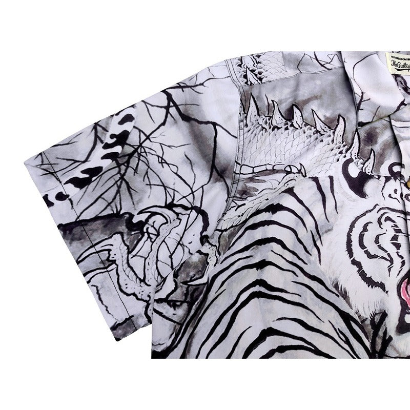 GUILTYPARTIES TIGER Shirts 22AW Dragon and Tiger Fight, Tiger Print Hawaiian Short Sleeve Shirt Men