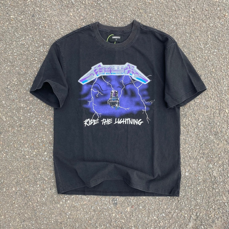 Unisex Vintage T Shirts METALLICA Lightning Chair Limited Edition Vintage-Style Washed & Distressed Tee