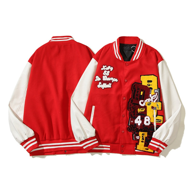 American-style baseball jacket Travis Scott Unisex Loose-Fit Varsity Jacket with Leather Sleeves and Terry Cloth Embroidery â€?Fall/Winter Casual Style