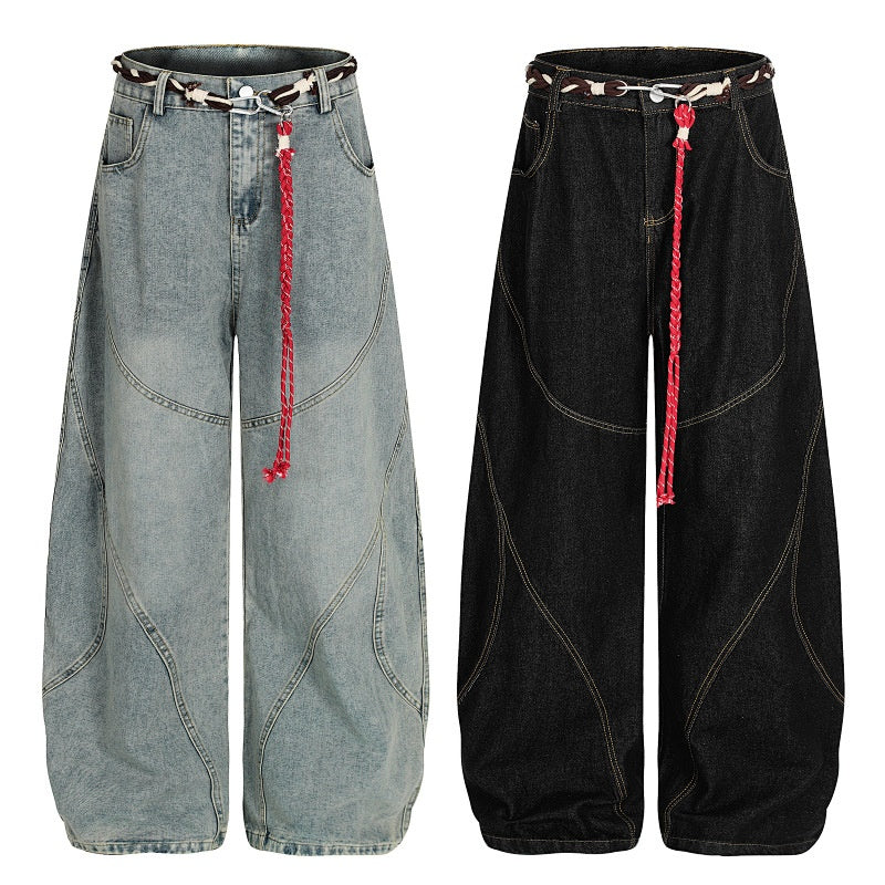 American-style streetwear harem pants Curved Panel Seam Aged Faded Finish