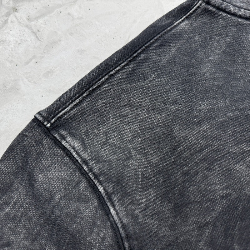 Unisex Vintage Hoodie Oversized, relaxed-fit layered outerwear; naturally faded, distressed wash finish; hand-applied ink splatter detailing; heavyweight pure cotton French terry fabric.