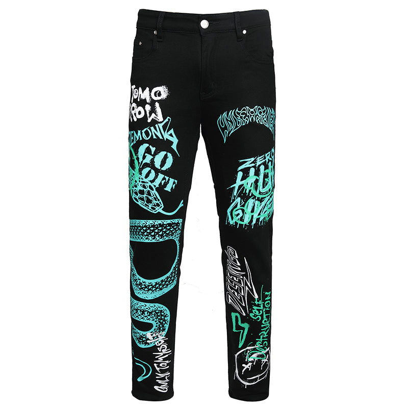 Mens Fashion Jeans Green Snake Street Graffiti 5705# Pure cotton high quality