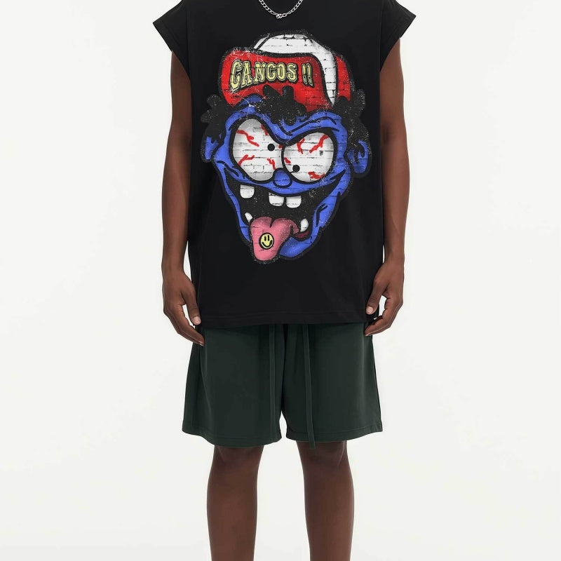BIG FACE Drop-Shoulder Tank Top High-street vintage style featuring a small neckline, white-ink digital direct-to-garment (DTG) printing, and a heavy-duty, distressed wash finish; crafted from 260g double-yarn plain-knit fabric.