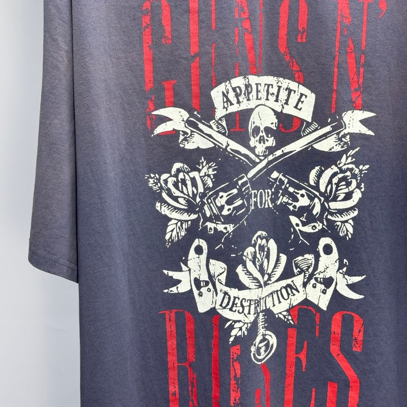 Unisex Vintage T Shirts Guns N' Roses x Harley-Davidson Limited Collaboration: Graphite Blue Short-Sleeve T-Shirt. Features a washed, distressed finish with whiskering effects and premium American-style plastisol screen printing. High-quality textu