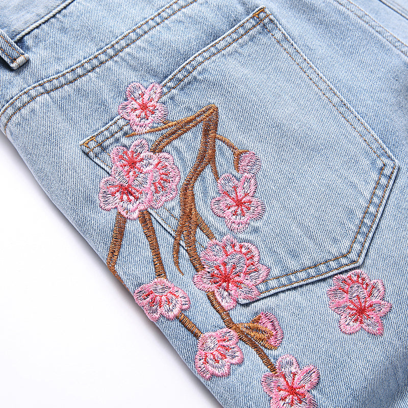 Mens Fashion Jeans Pink cherry blossom embroidered wide-leg pants 5711# Pure cotton high quality
