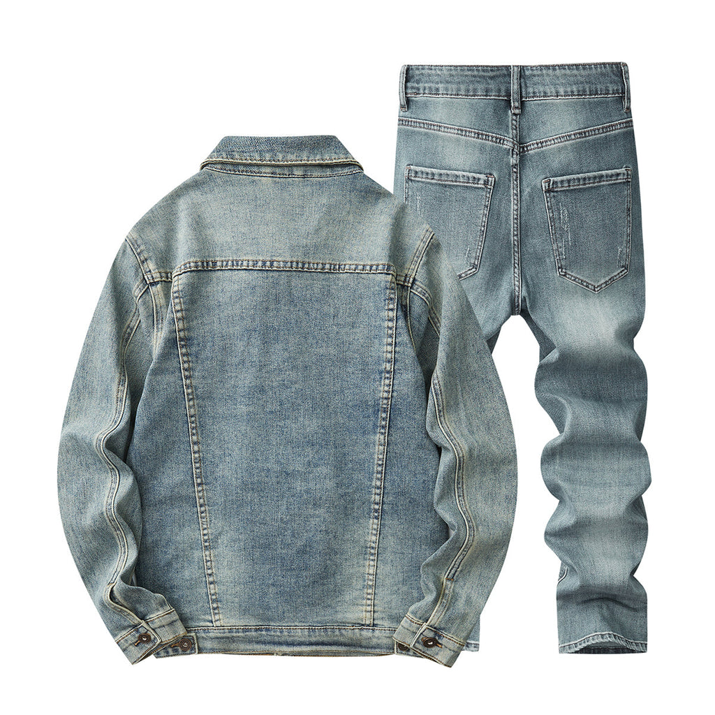 Denim Jacket & Jeans High-Street Trend Retro Casual Matching Distressed Denim Trucker Jacket and Slim-Fit Pants Outfit(jacket and jeans must be purchased separately.)