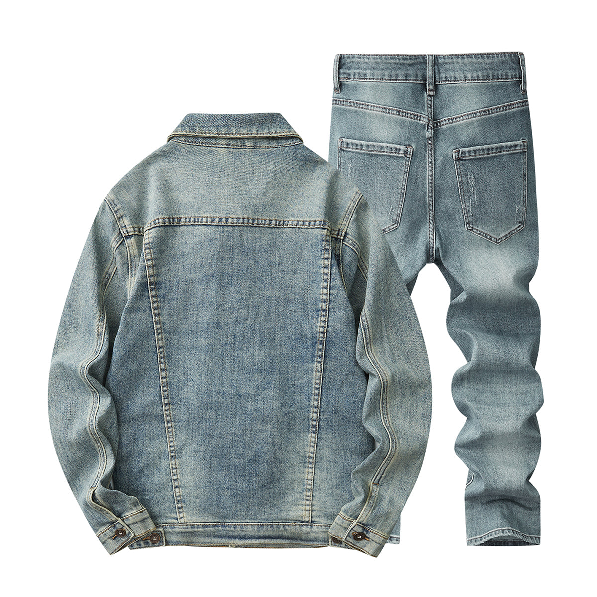 Denim Jacket & Jeans High-Street Trend Retro Casual Matching Distressed Denim Trucker Jacket and Slim-Fit Pants Outfit(jacket and jeans must be purchased separately.)