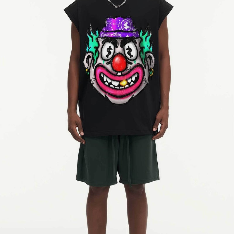 BIG FACE Drop-Shoulder Tank Top High-street vintage style featuring a small neckline, white-ink digital direct-to-garment (DTG) printing, and a heavy-duty, distressed wash finish; crafted from 260g double-yarn plain-knit fabric.