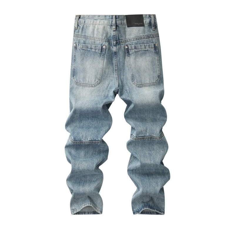 Denim Jacket & Jeans High-Street Trend Mens Y2K Streetwear Jacket Vintage Light Blue Washed Moto Biker Zip Front Casual Denim Outerwear (jacket and jeans must be purchased separately.)