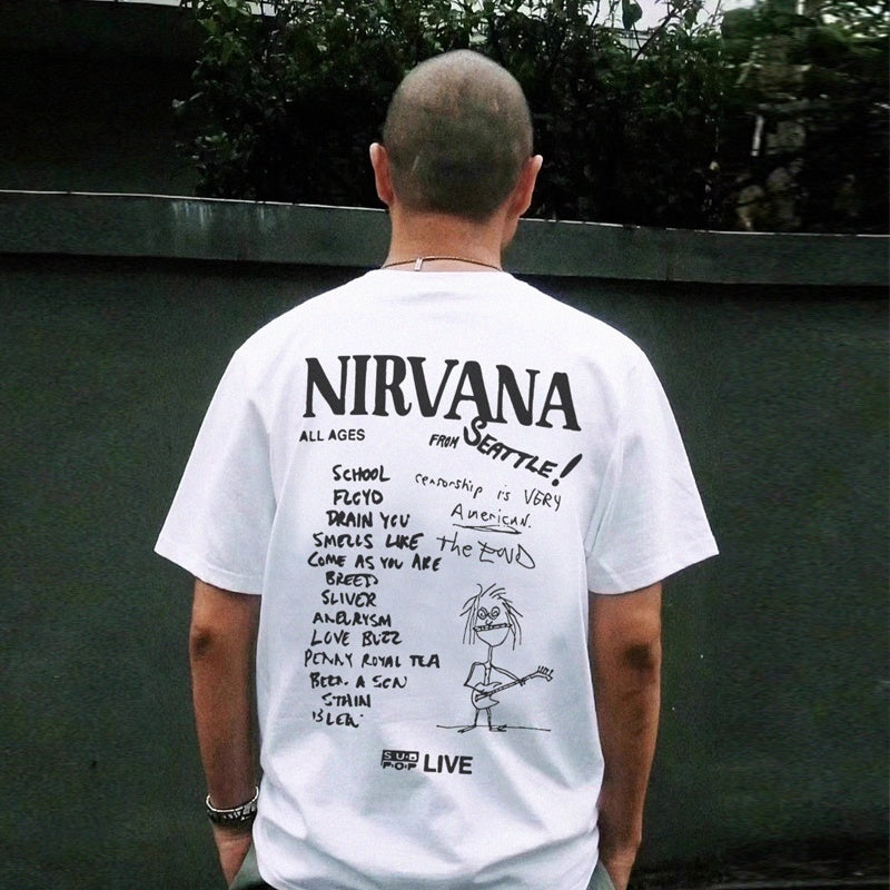 Mens T-shirt Vintage American-style trendy brand vintage rock Nirvana hand-drawn graffiti design