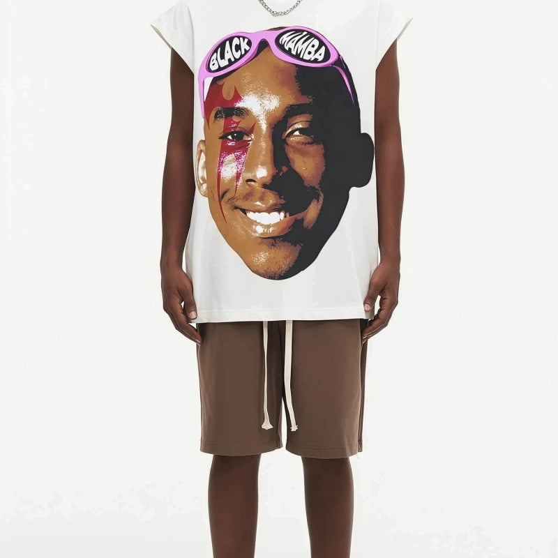 BIG FACE Drop-Shoulder Tank Top High-street vintage style featuring a small neckline, white-ink digital direct-to-garment (DTG) printing, and a heavy-duty, distressed wash finish; crafted from 260g double-yarn plain-knit fabric.