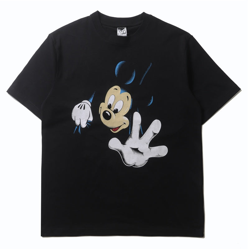 Mens T-shirt Vintage American-style trendy short-sleeve tee with a unique Mickey Mouse cartoon print