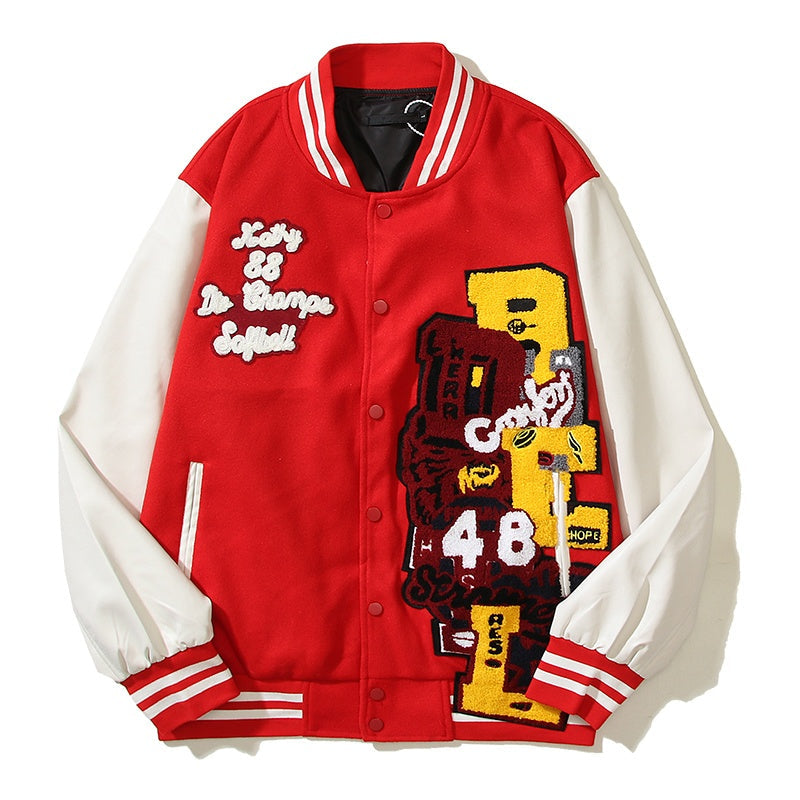 American-style baseball jacket Travis Scott Unisex Loose-Fit Varsity Jacket with Leather Sleeves and Terry Cloth Embroidery â€?Fall/Winter Casual Style