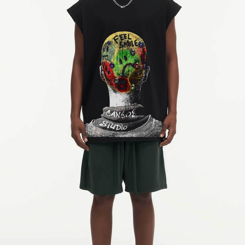 BIG FACE Drop-Shoulder Tank Top High-street vintage style featuring a small neckline, white-ink digital direct-to-garment (DTG) printing, and a heavy-duty, distressed wash finish; crafted from 260g double-yarn plain-knit fabric.