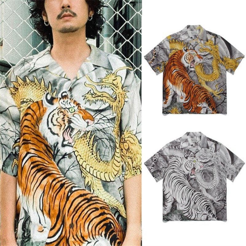 GUILTYPARTIES TIGER Shirts 22AW Dragon and Tiger Fight, Tiger Print Hawaiian Short Sleeve Shirt Men