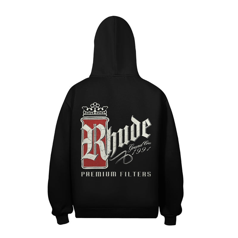 RHUDE Hoodie Streetwear Dual‑Print Crown Can Text Design