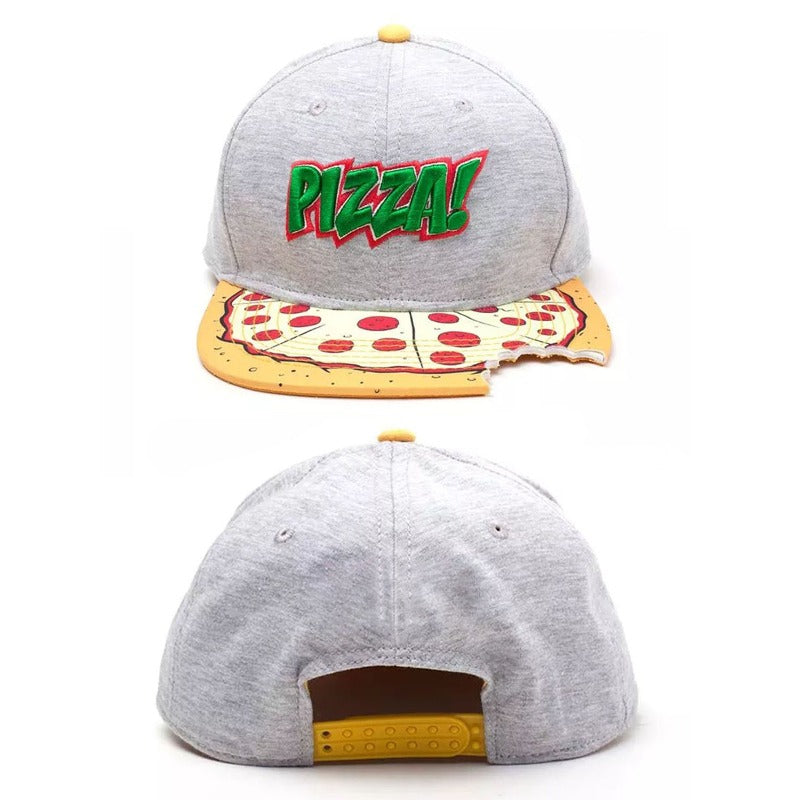 Trendy flat brimmed snapback hatsnotched gray pizza pizza