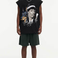 BIG FACE Drop-Shoulder Tank Top High-street vintage style featuring a small neckline, white-ink digital direct-to-garment (DTG) printing, and a heavy-duty, distressed wash finish; crafted from 260g double-yarn plain-knit fabric.