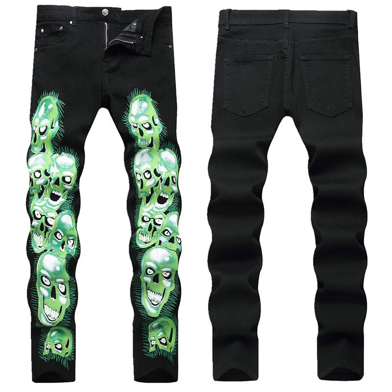 Mens Fashion Jeans Green glowing skull 5709# Pure cotton high quality