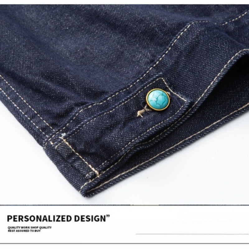 Denim Jacket & Jeans High-Street Trend Hip Hop Denim Pants Loose Fit Dark Blue Contrast Stitching Button Fly Straight Cut Raw Denim Jeans Streetwear Vintage Trousers (jacket and jeans must be purchased separately.)