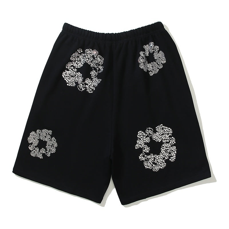 Denim Tears Shorts Cotton Bling Flower Wreath Graphic Oversized Drawstring