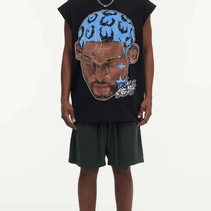 BIG FACE Drop-Shoulder Tank Top High-street vintage style featuring a small neckline, white-ink digital direct-to-garment (DTG) printing, and a heavy-duty, distressed wash finish; crafted from 260g double-yarn plain-knit fabric.